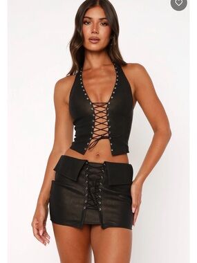 White Fox Boutique Chocolate Leather Lace-Up Halter Top